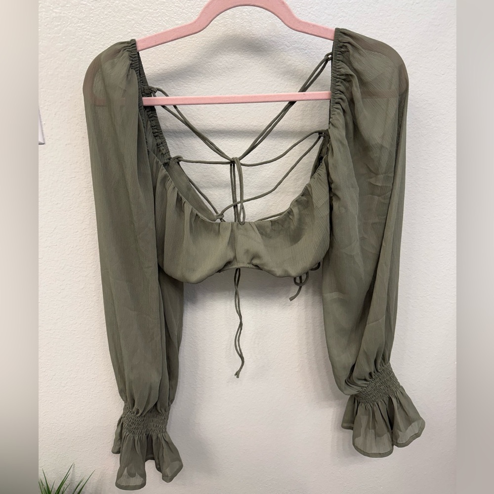 Fashion Nova Olive Green Sheer Long Sleeve Crop Top